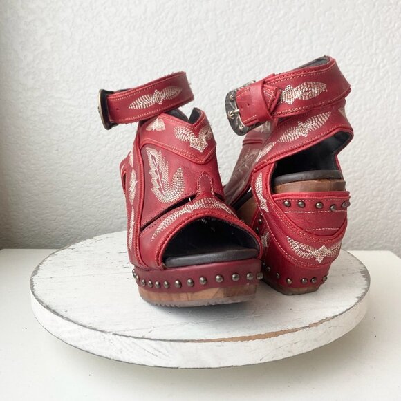 Lane boots Shoes - Lane Boots LEXINGTON Womens Red Wedges 7.5 Western Sandals Cowgirl Wooden Heels